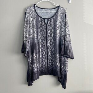 Catherines Women 3XP Floral Top Rhinestone Blouse Gray 3/4 Sleeve Round Neck